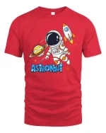 Cute Astronaut Space Rocket Planet Cartoon Adventure T Shirt - red t-shirt on white background