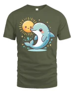 Cute Dolphin and Smiling Sun Cartoon Ocean Vibes Tshirt - military green t-shirt on white background