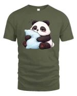 Cute Sleepy Panda Hugging Pillow Relax Chill Cartoon T Shirt - military green t-shirt on white background