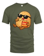 Funny Potato Eating Chips Cool Cartoon Snack Lover T Shirt - military green t-shirt on white background