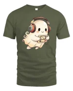 Cute Ghost Gamer Headphones Retro Console Fun T Shirt - military green t-shirt on white background