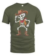 Funny Skeleton Cowboy Western Dance Vintage Graphic T Shirt - military green t-shirt on white background