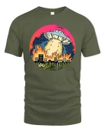 Funny UFO Alien Invasion City Fire Retro SciFi T Shirt - military green t-shirt on white background
