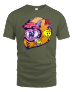 Funny Cartoon Racing Helmet Character Color Splash T Shirt - military green t-shirt on white background