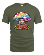 Cute Rainbow Mushroom Cartoon Fantasy Nature Art T Shirt - military green t-shirt on white background