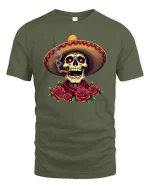 Mexican Skull Sombrero Smoking Cigar Roses Graphic T Shirt - military green t-shirt on white background
