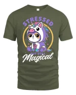 Cute Unicorn Cat Stressed But Still Magical Funny T Shirt - military green t-shirt on white background