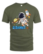 Cute Astronaut Space Rocket Planet Cartoon Adventure T Shirt - military green t-shirt on white background