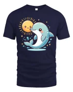Cute Dolphin and Smiling Sun Cartoon Ocean Vibes Tshirt - navy t-shirt on white background