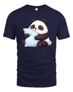 Cute Sleepy Panda Hugging Pillow Relax Chill Cartoon T Shirt - navy t-shirt on white background