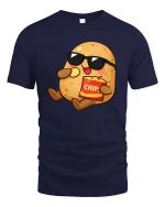 Funny Potato Eating Chips Cool Cartoon Snack Lover T Shirt - navy t-shirt on white background
