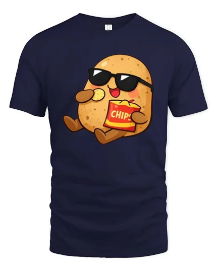 Funny Potato Eating Chips Cool Cartoon Snack Lover T Shirt - navy t-shirt on white background