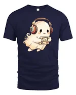 Cute Ghost Gamer Headphones Retro Console Fun T Shirt - navy t-shirt on white background