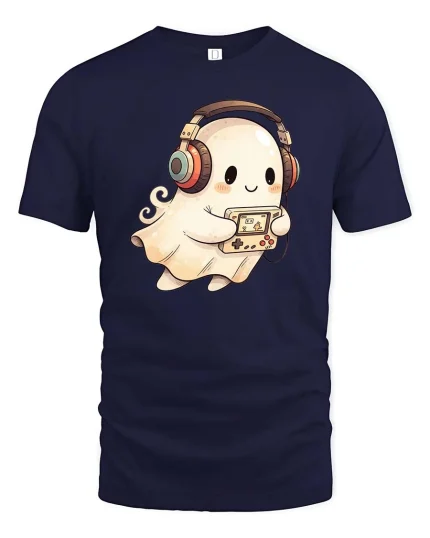 Cute Ghost Gamer Headphones Retro Console Fun T Shirt - navy t-shirt on white background