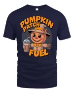 Pumpkin Patch Fuel Cute Scarecrow Fall Coffee T Shirt - navy t-shirt on white background