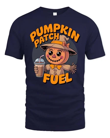 Pumpkin Patch Fuel Cute Scarecrow Fall Coffee T Shirt - navy t-shirt on white background