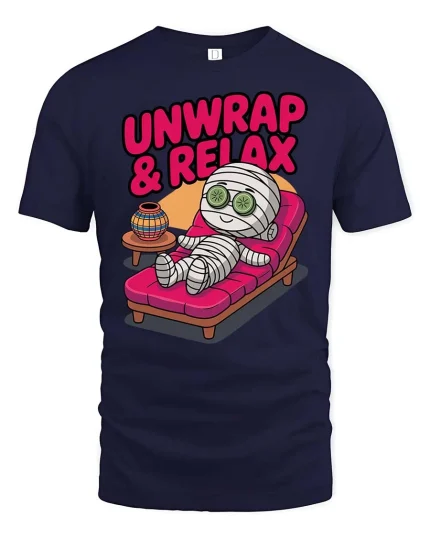 Funny Mummy Unwrap Relax Spa Humor Halloween T Shirt - navy t-shirt on white background