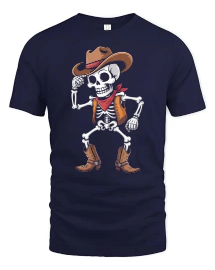 Funny Skeleton Cowboy Western Dance Vintage Graphic T Shirt - navy t-shirt on white background