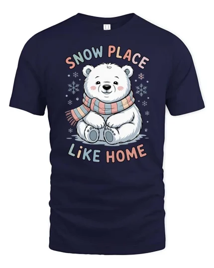 Cute Polar Bear Snow Place Like Home Winter T Shirt - navy t-shirt on white background