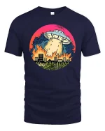 Funny UFO Alien Invasion City Fire Retro SciFi T Shirt - navy t-shirt on white background