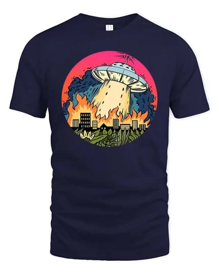 Funny UFO Alien Invasion City Fire Retro SciFi T Shirt - navy t-shirt on white background