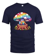 Cute Rainbow Mushroom Cartoon Fantasy Nature Art T Shirt - navy t-shirt on white background