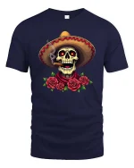 Mexican Skull Sombrero Smoking Cigar Roses Graphic T Shirt - navy t-shirt on white background