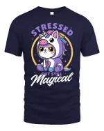 Cute Unicorn Cat Stressed But Still Magical Funny T Shirt - navy t-shirt on white background