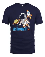 Cute Astronaut Space Rocket Planet Cartoon Adventure T Shirt - navy t-shirt on white background