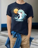 Cute Dolphin and Smiling Sun Cartoon Ocean Vibes Tshirt - model wearing navy tee with hands in pockets