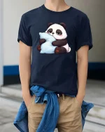 Cute Sleepy Panda Hugging Pillow Relax Chill Cartoon T Shirt - model wearing navy tee with hands in pockets
