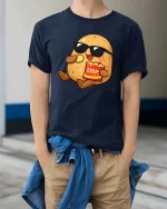 Funny Potato Eating Chips Cool Cartoon Snack Lover T Shirt - model wearing navy tee with hands in pockets