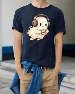Cute Ghost Gamer Headphones Retro Console Fun T Shirt - model wearing navy tee with hands in pockets