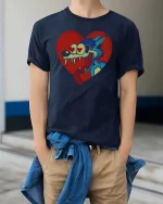 Funny Love Struck Wolf Cartoon Heart Eyes Wild T Shirt - model wearing navy tee with hands in pockets