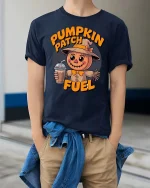 Pumpkin Patch Fuel Cute Scarecrow Fall Coffee T Shirt - model wearing navy tee with hands in pockets