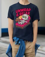 Funny Mummy Unwrap Relax Spa Humor Halloween T Shirt - model wearing navy tee with hands in pockets