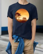 African Elephant Sunset Safari Nature Wildlife Graphic T Shirt - model wearing navy tee with hands in pockets