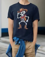 Funny Skeleton Cowboy Western Dance Vintage Graphic T Shirt - model wearing navy tee with hands in pockets