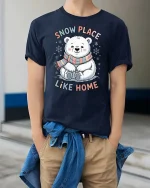 Cute Polar Bear Snow Place Like Home Winter T Shirt - model wearing navy tee with hands in pockets