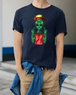 Funny Alien Street Style Graphic Cool Attitude T Shirt - model wearing navy tee with hands in pockets