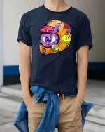 Funny Cartoon Racing Helmet Character Color Splash T Shirt - model wearing navy tee with hands in pockets