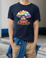 Cute Rainbow Mushroom Cartoon Fantasy Nature Art T Shirt - model wearing navy tee with hands in pockets