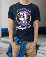 Cute Unicorn Cat Stressed But Still Magical Funny T Shirt - model wearing navy tee with hands in pockets