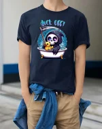 Funny Grim Reaper Bath Duck Off Humor Graphic T Shirt - model wearing navy tee with hands in pockets