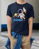 Cute Astronaut Space Rocket Planet Cartoon Adventure T Shirt - model wearing navy tee with hands in pockets