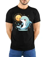 Cute Dolphin and Smiling Sun Cartoon Ocean Vibes Tshirt - model wearing black tee with hands behind back