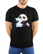 Cute Sleepy Panda Hugging Pillow Relax Chill Cartoon T Shirt - model wearing black tee with hands behind back