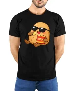 Funny Potato Eating Chips Cool Cartoon Snack Lover T Shirt - model wearing black tee with hands behind back