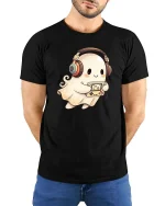 Cute Ghost Gamer Headphones Retro Console Fun T Shirt - model wearing black tee with hands behind back