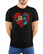 Funny Love Struck Wolf Cartoon Heart Eyes Wild T Shirt - model wearing black tee with hands behind back
